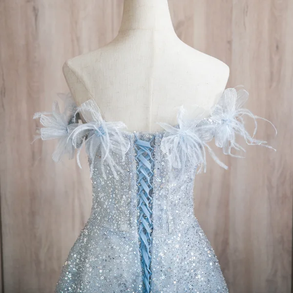 Glitzernden Himmelblau Applikationen Pailletten Ballkleider 2024 A Linie Bandeau Ärmellos Rückenfreies Sweep / Pinsel Zug Ball Festliche Kleider