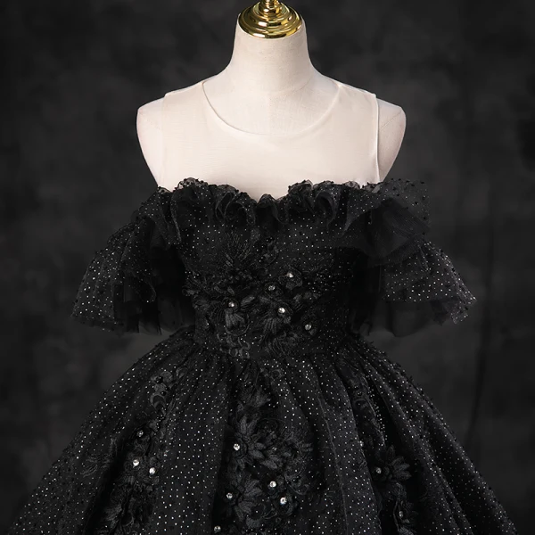 Charming Black Rhinestone Lace Flower Prom Dresses 2023 Ball Gown Scoop Neck Sleeveless Backless Floor-Length / Long Prom Formal Dresses