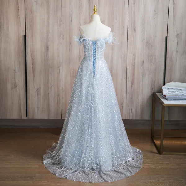Glitzernden Himmelblau Applikationen Pailletten Ballkleider 2024 A Linie Bandeau Ärmellos Rückenfreies Sweep / Pinsel Zug Ball Festliche Kleider