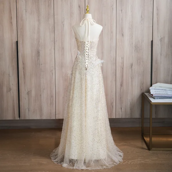 Sparkly Champagne Beading Appliques Prom Dresses 2024 A-Line / Princess Halter Sleeveless Backless Floor-Length / Long Prom Formal Dresses