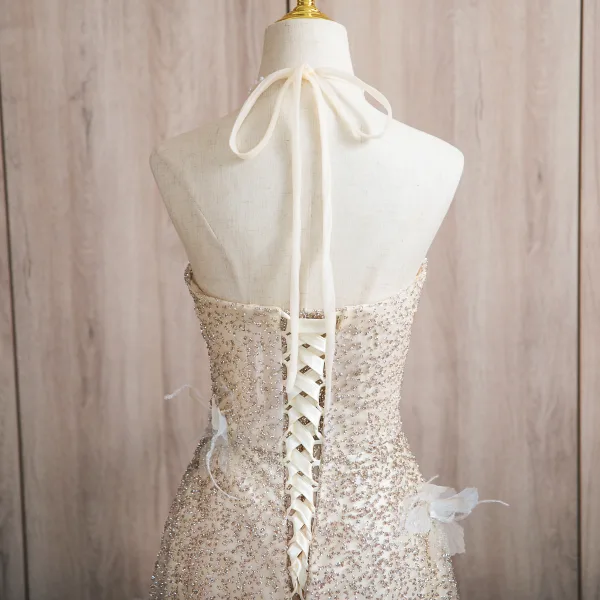 Sparkly Champagne Beading Appliques Prom Dresses 2024 A-Line / Princess Halter Sleeveless Backless Floor-Length / Long Prom Formal Dresses