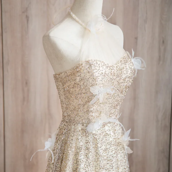 Sparkly Champagne Beading Appliques Prom Dresses 2024 A-Line / Princess Halter Sleeveless Backless Floor-Length / Long Prom Formal Dresses