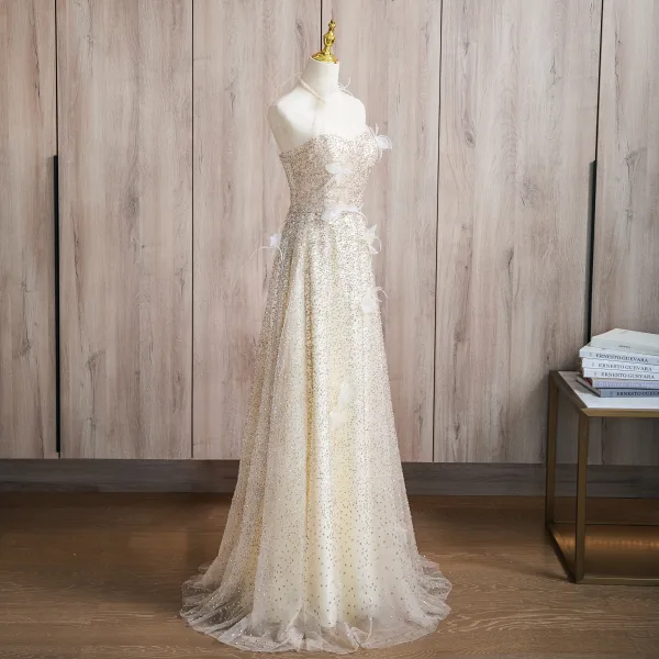 Sparkly Champagne Beading Appliques Prom Dresses 2024 A-Line / Princess Halter Sleeveless Backless Floor-Length / Long Prom Formal Dresses