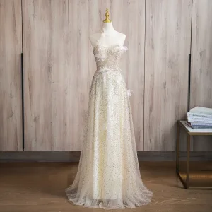 Scintillantes Champagne Perlage Appliques Robe De Bal 2024 Princesse Titulaire Sans Manches Dos Nu Longue Promo Robe De Ceremonie
