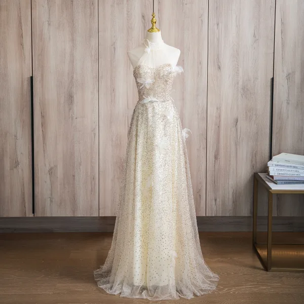 Sparkly Champagne Beading Appliques Prom Dresses 2024 A-Line / Princess Halter Sleeveless Backless Floor-Length / Long Prom Formal Dresses