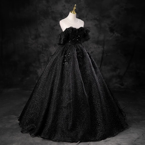Charming Black Rhinestone Lace Flower Prom Dresses 2023 Ball Gown Scoop Neck Sleeveless Backless Floor-Length / Long Prom Formal Dresses
