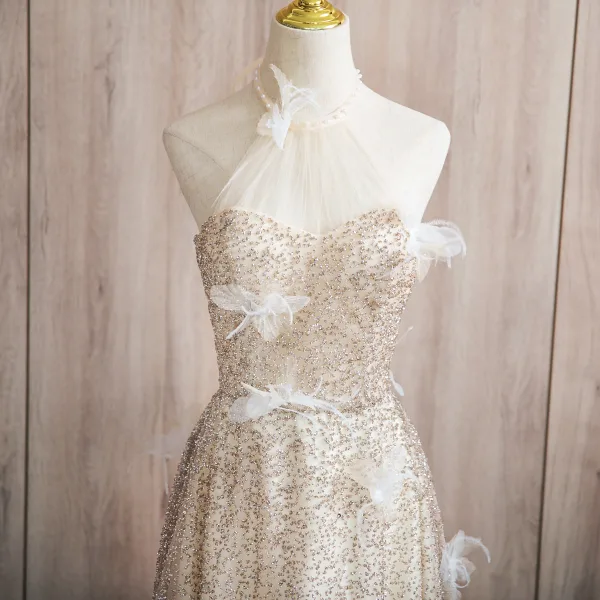 Sparkly Champagne Beading Appliques Prom Dresses 2024 A-Line / Princess Halter Sleeveless Backless Floor-Length / Long Prom Formal Dresses