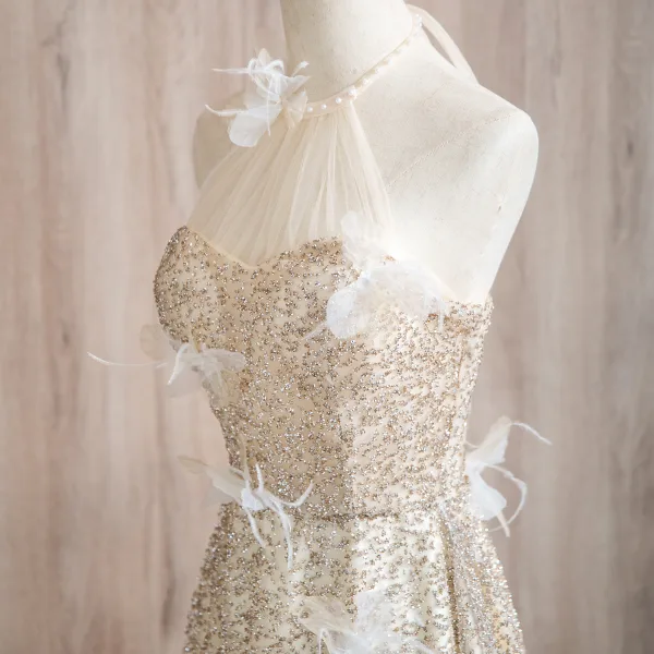 Sparkly Champagne Beading Appliques Prom Dresses 2024 A-Line / Princess Halter Sleeveless Backless Floor-Length / Long Prom Formal Dresses
