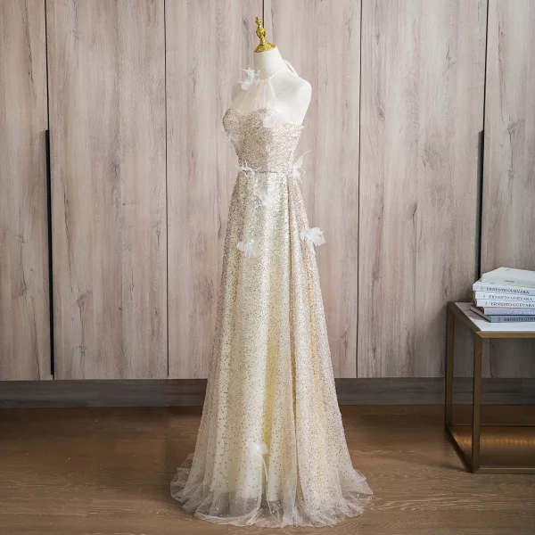 Sparkly Champagne Beading Appliques Prom Dresses 2024 A-Line / Princess Halter Sleeveless Backless Floor-Length / Long Prom Formal Dresses