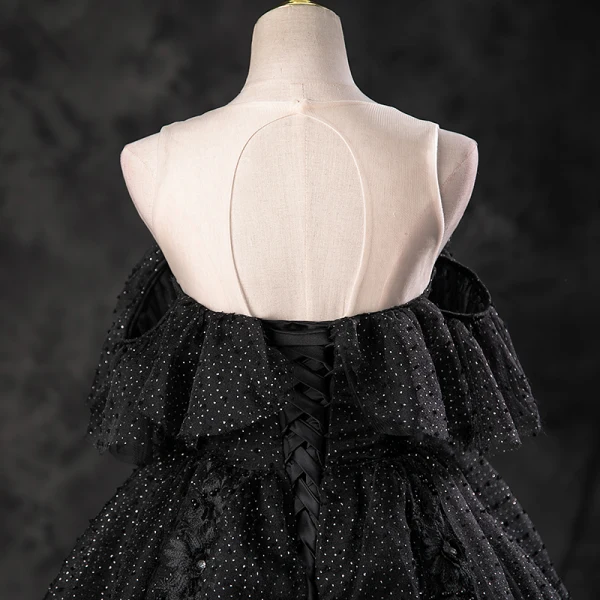 Charming Black Rhinestone Lace Flower Prom Dresses 2023 Ball Gown Scoop Neck Sleeveless Backless Floor-Length / Long Prom Formal Dresses