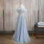 Bling Bling Sky Blue Sequins Prom Dresses 2024 A-Line / Princess U-Neck Puffy Short Sleeve Backless Floor-Length / Long Prom Formal Dresses