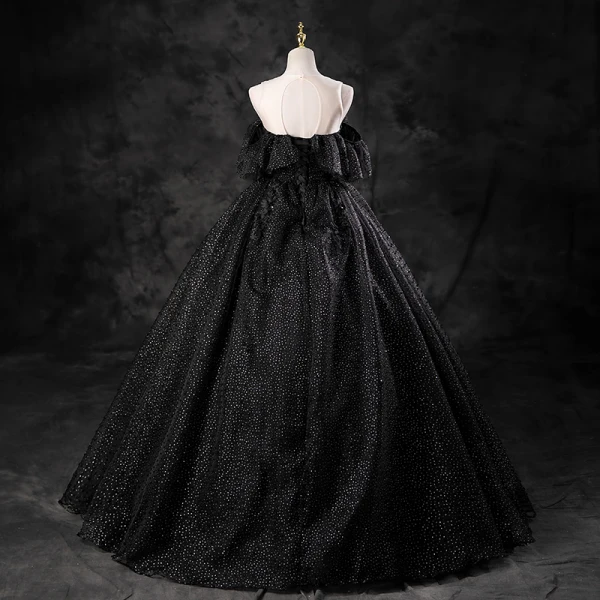 Charming Black Rhinestone Lace Flower Prom Dresses 2023 Ball Gown Scoop Neck Sleeveless Backless Floor-Length / Long Prom Formal Dresses