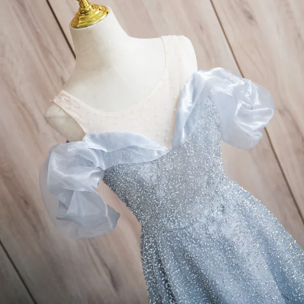 Bling Bling Sky Blue Sequins Prom Dresses 2024 A-Line / Princess U-Neck Puffy Short Sleeve Backless Floor-Length / Long Prom Formal Dresses