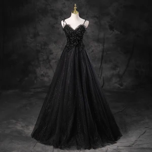 Charmant Noire Glitter Fait Main Perlage Robe De Soirée 2023 Princesse Bretelles Spaghetti Sans Manches Dos Nu Longue Soirée Robe De Ceremonie