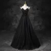 Charming Black Glitter Handmade  Beading Evening Dresses 2023 A-Line / Princess Spaghetti Straps Sleeveless Backless Floor-Length / Long Evening Party Formal Dresses