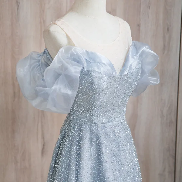 Bling Bling Sky Blue Sequins Prom Dresses 2024 A-Line / Princess U-Neck Puffy Short Sleeve Backless Floor-Length / Long Prom Formal Dresses