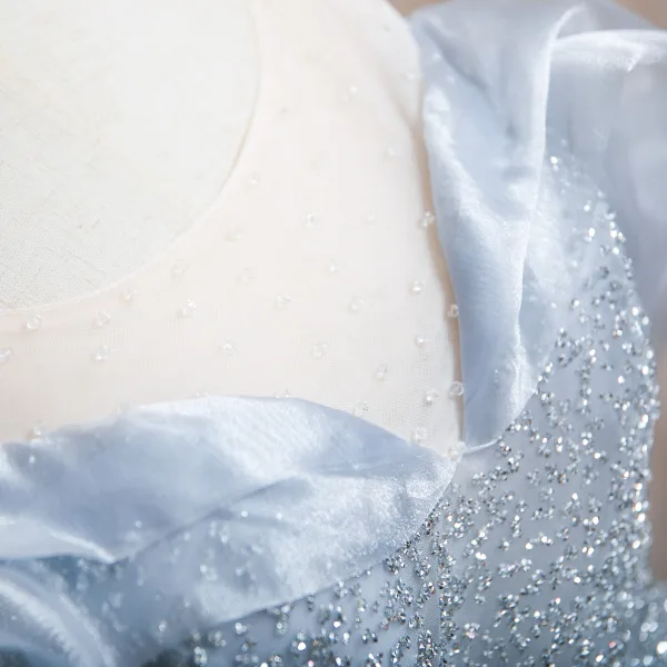 Bling Bling Sky Blue Sequins Prom Dresses 2024 A-Line / Princess U-Neck Puffy Short Sleeve Backless Floor-Length / Long Prom Formal Dresses
