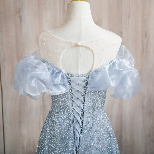 Bling Bling Sky Blue Sequins Prom Dresses 2024 A-Line / Princess U-Neck Puffy Short Sleeve Backless Floor-Length / Long Prom Formal Dresses