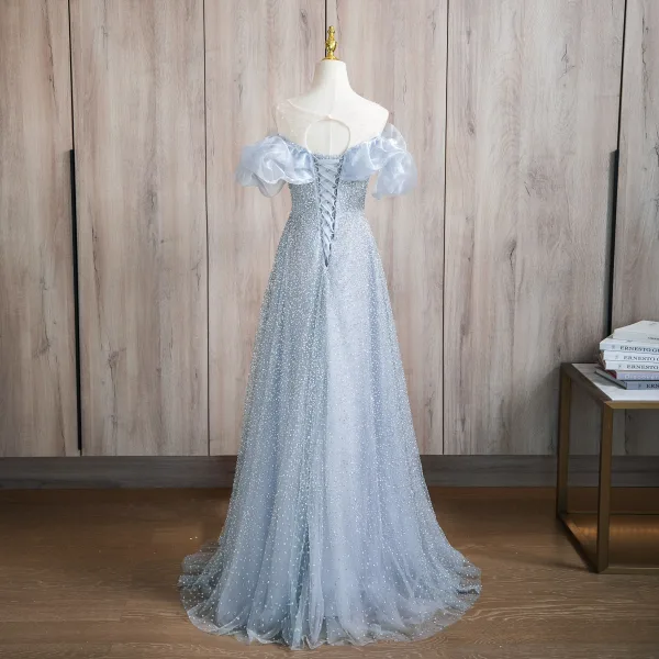 Bling Bling Sky Blue Sequins Prom Dresses 2024 A-Line / Princess U-Neck Puffy Short Sleeve Backless Floor-Length / Long Prom Formal Dresses