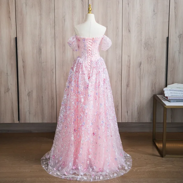 Flower Fairy Blushing Pink Appliques Beading Sequins Prom Dresses 2024 A-Line / Princess Off-The-Shoulder Short Sleeve Backless Floor-Length / Long Prom Formal Dresses