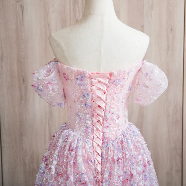 Flower Fairy Blushing Pink Appliques Beading Sequins Prom Dresses 2024 A-Line / Princess Off-The-Shoulder Short Sleeve Backless Floor-Length / Long Prom Formal Dresses