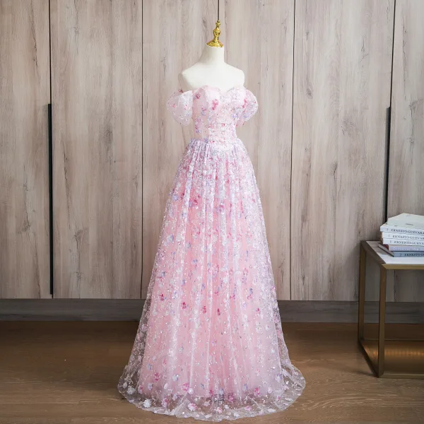 Flower Fairy Blushing Pink Appliques Beading Sequins Prom Dresses 2024 A-Line / Princess Off-The-Shoulder Short Sleeve Backless Floor-Length / Long Prom Formal Dresses
