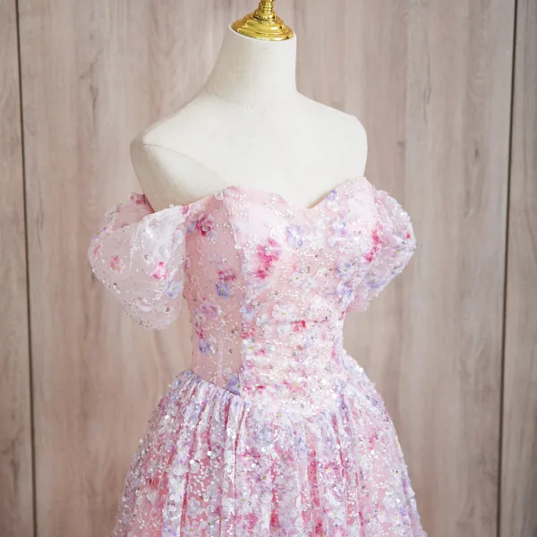 Flower Fairy Blushing Pink Appliques Beading Sequins Prom Dresses 2024 A-Line / Princess Off-The-Shoulder Short Sleeve Backless Floor-Length / Long Prom Formal Dresses