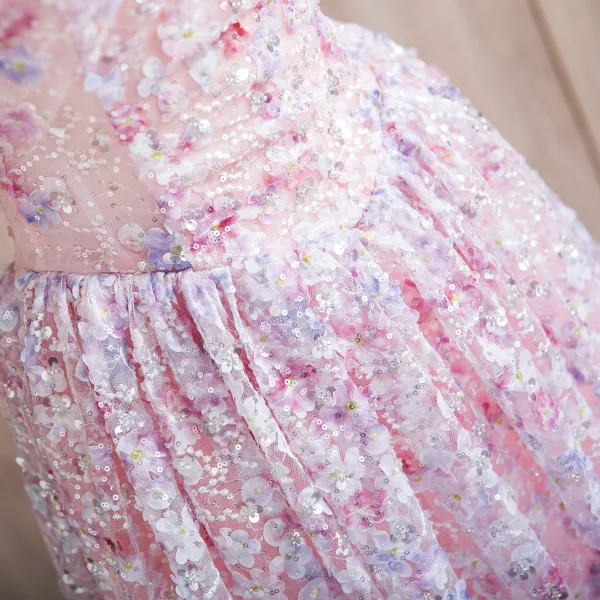 Flower Fairy Blushing Pink Appliques Beading Sequins Prom Dresses 2024 A-Line / Princess Off-The-Shoulder Short Sleeve Backless Floor-Length / Long Prom Formal Dresses