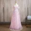 Flower Fairy Blushing Pink Appliques Beading Sequins Prom Dresses 2024 A-Line / Princess Off-The-Shoulder Short Sleeve Backless Floor-Length / Long Prom Formal Dresses