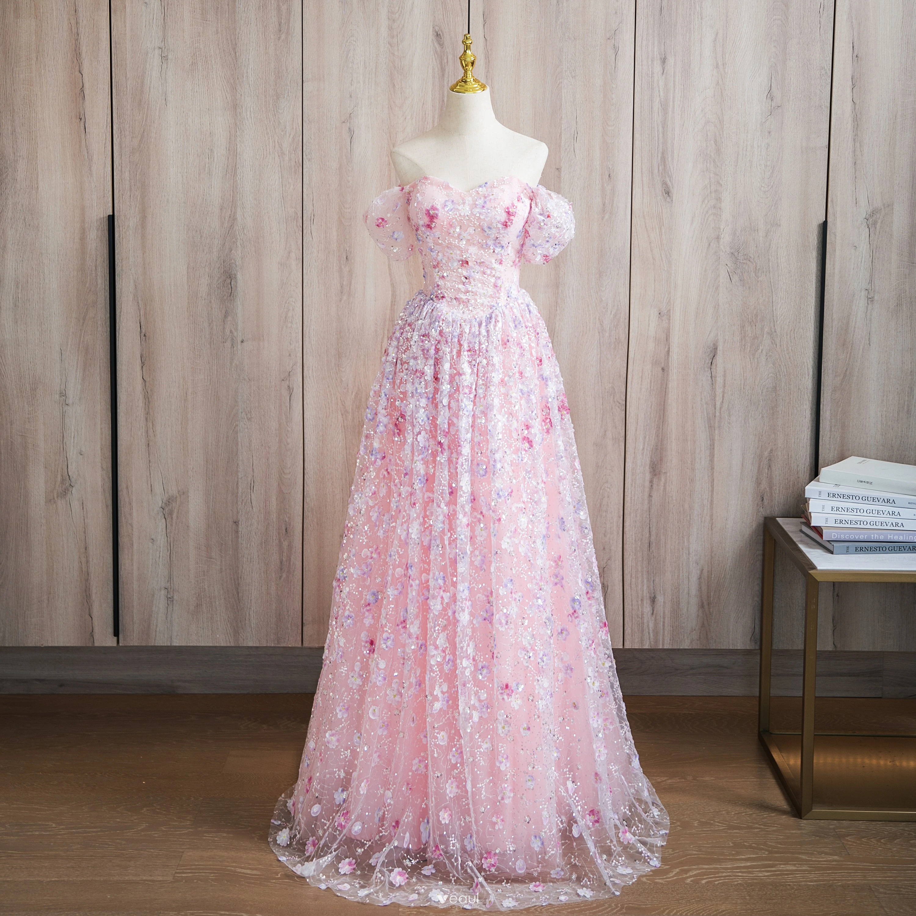 Pink Tulle Floral Bead Backless Tea Length Prom Dress