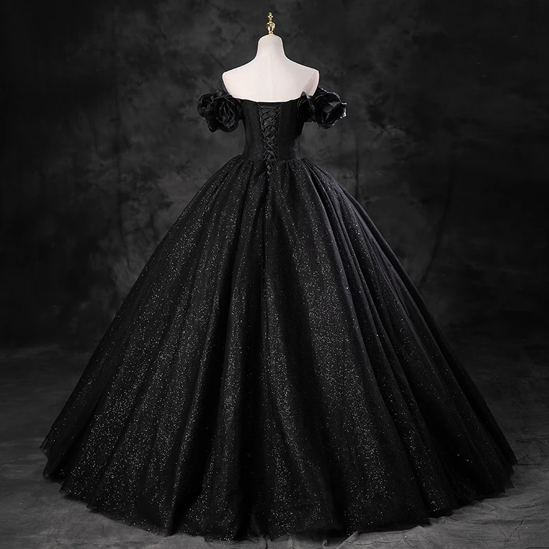 Elegant Black Glitter Prom Dresses 2023 Ball Gown Off-The-Shoulder Puffy Short Sleeve