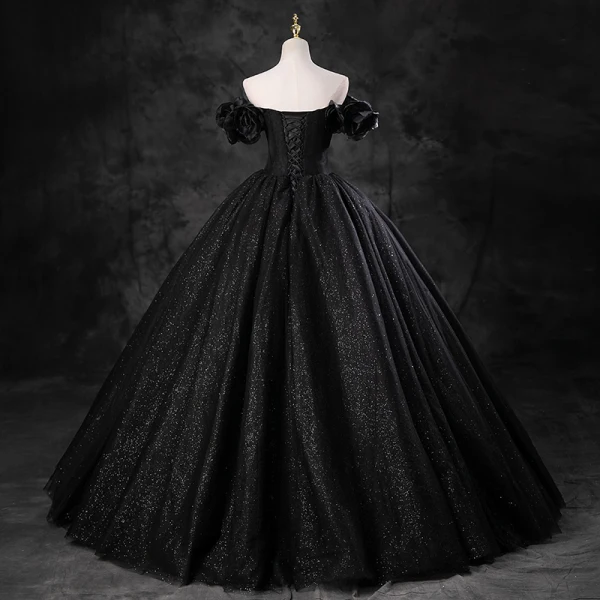 Elegant Black Glitter Prom Dresses 2023 Ball Gown Off-The-Shoulder Puffy Short Sleeve Backless Floor-Length / Long Prom Formal Dresses