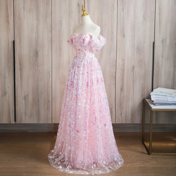 Flower Fairy Blushing Pink Appliques Beading Sequins Prom Dresses 2024 A-Line / Princess Off-The-Shoulder Short Sleeve Backless Floor-Length / Long Prom Formal Dresses