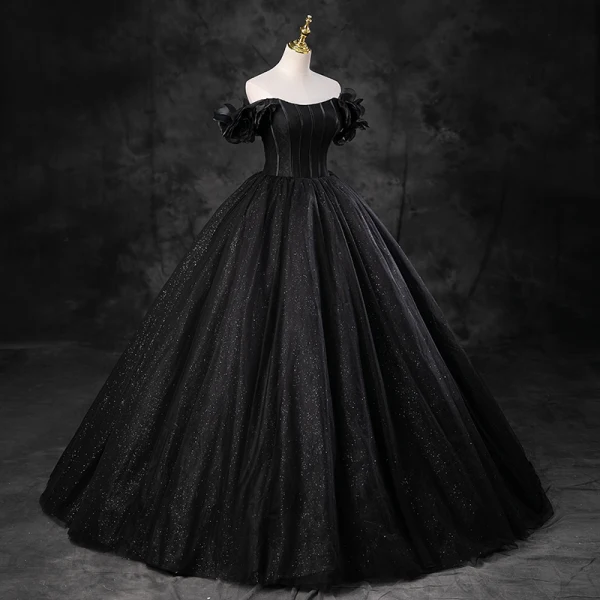 Elegant Black Glitter Prom Dresses 2023 Ball Gown Off-The-Shoulder Puffy Short Sleeve Backless Floor-Length / Long Prom Formal Dresses