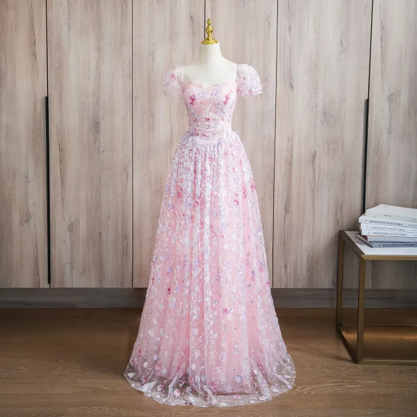 Flower Fairy Blushing Pink Appliques Beading Sequins Prom Dresses 2024 A-Line / Princess Off-The-Shoulder Short Sleeve Backless Floor-Length / Long Prom Formal Dresses