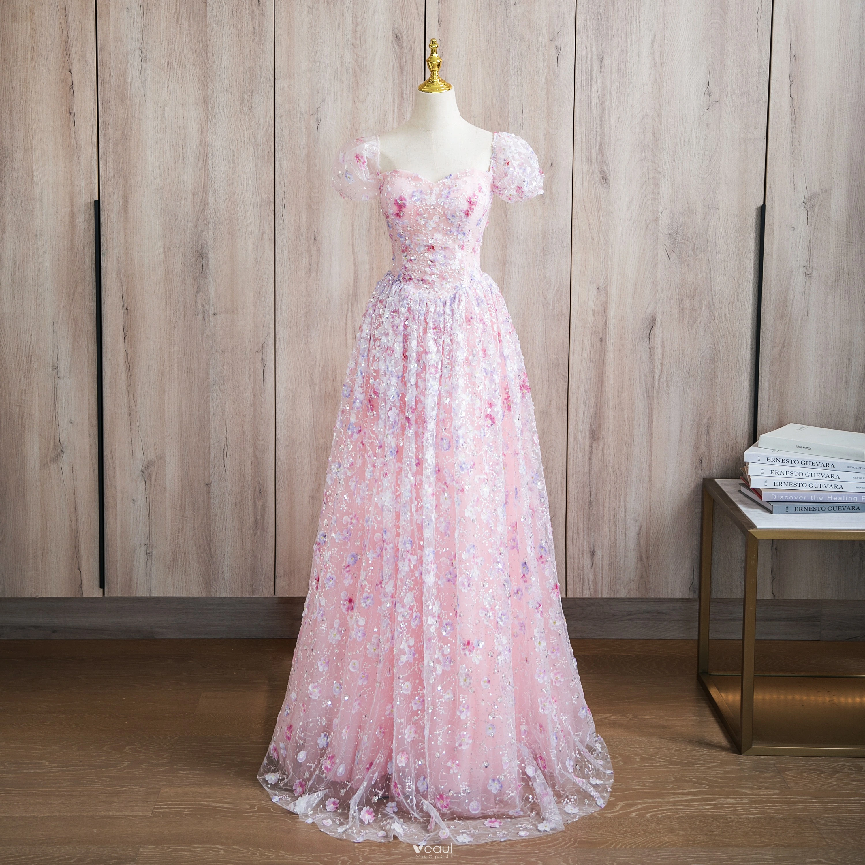 Pink Tulle Floral Bead Backless Tea Length Prom Dress
