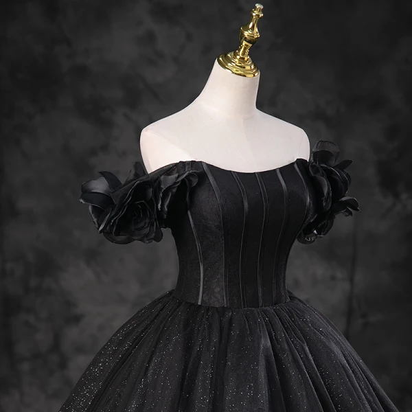 Elegant Black Glitter Prom Dresses 2023 Ball Gown Off-The-Shoulder Puffy Short Sleeve Backless Floor-Length / Long Prom Formal Dresses