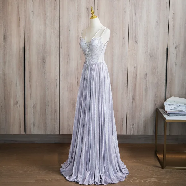 Sexy Lavendel Perlenstickerei Strass Pailletten Ballkleider 2024 A Linie Spaghettiträger Ärmellos Rückenfreies Lange Ball Festliche Kleider