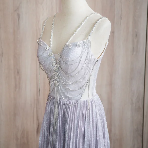 Sexy Lavendel Perlenstickerei Strass Pailletten Ballkleider 2024 A Linie Spaghettiträger Ärmellos Rückenfreies Lange Ball Festliche Kleider