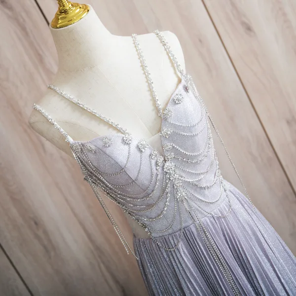 Sexy Lavendel Perlenstickerei Strass Pailletten Ballkleider 2024 A Linie Spaghettiträger Ärmellos Rückenfreies Lange Ball Festliche Kleider