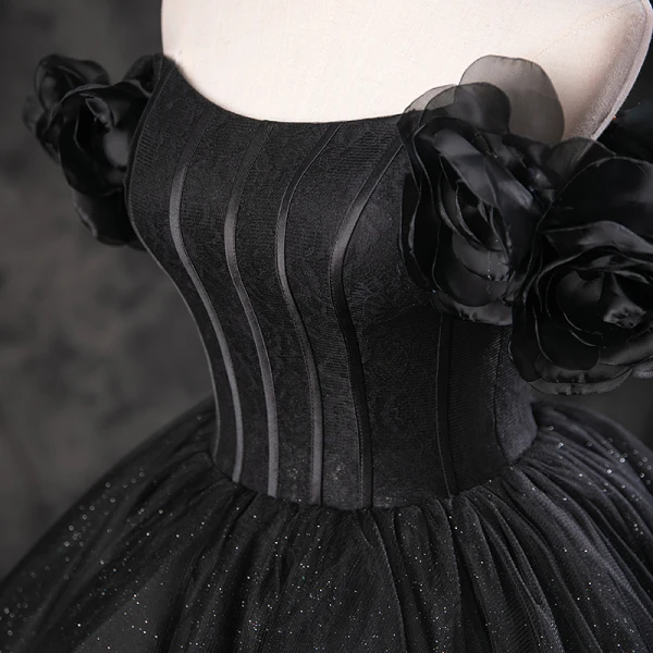 Elegant Black Glitter Prom Dresses 2023 Ball Gown Off-The-Shoulder Puffy Short Sleeve Backless Floor-Length / Long Prom Formal Dresses