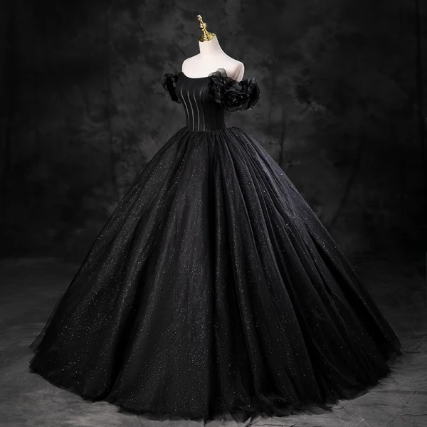 black puffy prom dresses A Line Black Tulle Prom Dress With Flowers Puffy Quinceanera Dresses f –  formalgowns main image 1