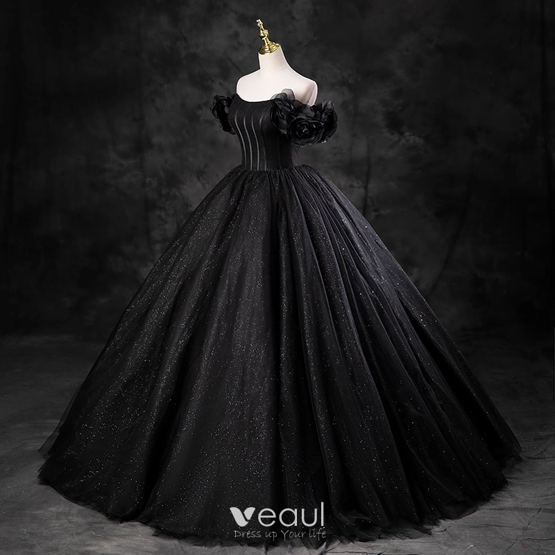 black puffy dresses prom A-Line Off The Shoulder Taffeta Prom Dress With Short Puffy Sleeves, Black / 4