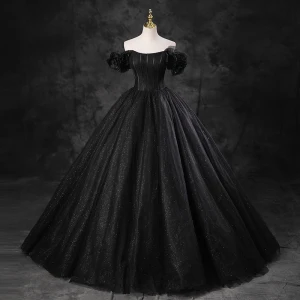 Élégant Noire Glitter Robe De Bal 2023 Robe Boule De L Épaule Gonflée Manches Courtes Dos Nu Longue Promo Robe De Ceremonie