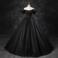 Elegantes Negro Glitter Vestidos de gala 2023 Ball Gown Fuera Del Hombro Hinchado Manga Corta Sin Espalda Largos Gala Vestidos Formales