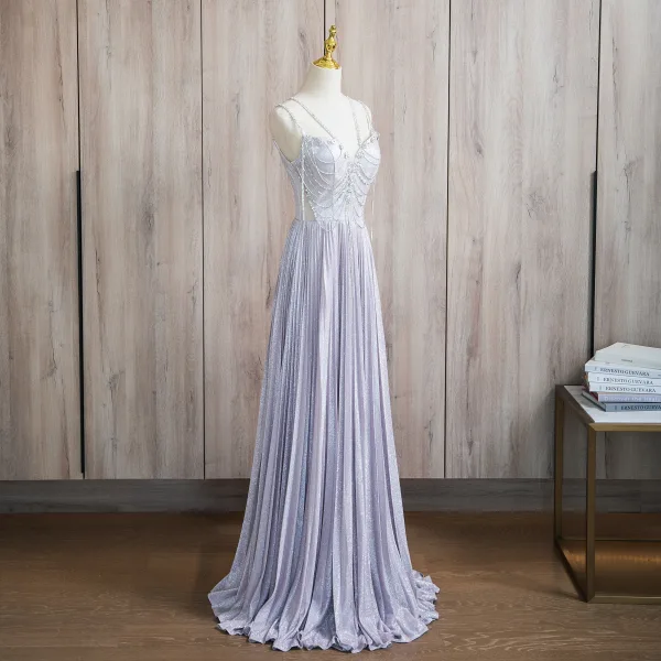 Sexy Lavendel Perlenstickerei Strass Pailletten Ballkleider 2024 A Linie Spaghettiträger Ärmellos Rückenfreies Lange Ball Festliche Kleider