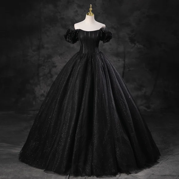 Elegant Black Glitter Prom Dresses 2023 Ball Gown Off-The-Shoulder Puffy Short Sleeve Backless Floor-Length / Long Prom Formal Dresses