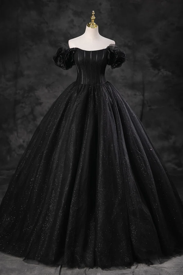 Elegant Black Glitter Prom Dresses 2023 Ball Gown Off-The-Shoulder Puffy Short Sleeve Backless Floor-Length / Long Prom Formal Dresses