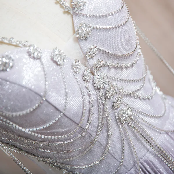 Sexy Lavendel Perlenstickerei Strass Pailletten Ballkleider 2024 A Linie Spaghettiträger Ärmellos Rückenfreies Lange Ball Festliche Kleider