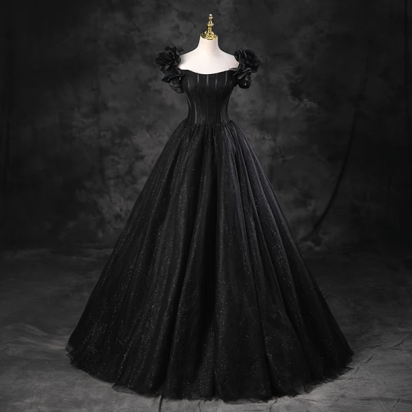 Elegant Black Glitter Prom Dresses 2023 Ball Gown Off-The-Shoulder Puffy Short Sleeve Backless Floor-Length / Long Prom Formal Dresses